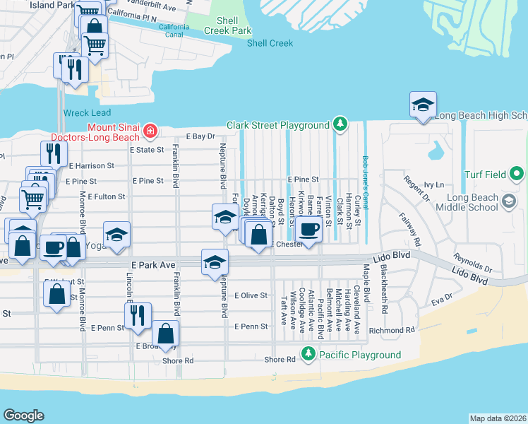map of restaurants, bars, coffee shops, grocery stores, and more near 37 Dalton Street in Long Beach