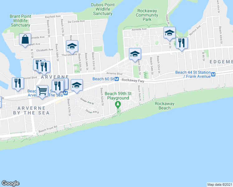 map of restaurants, bars, coffee shops, grocery stores, and more near 1-84 Beach 60th Street in Queens