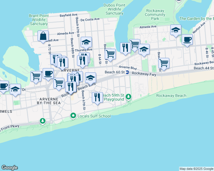 map of restaurants, bars, coffee shops, grocery stores, and more near 191 Sea Grass Lane in Queens