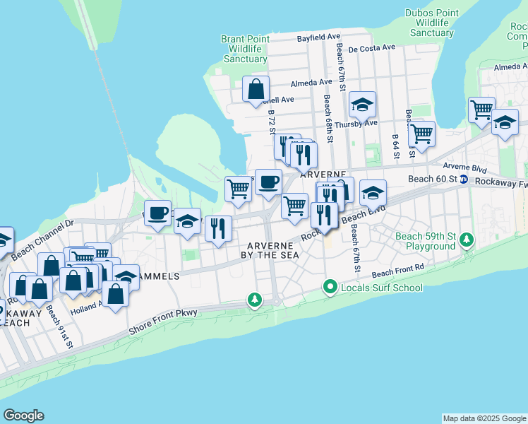 map of restaurants, bars, coffee shops, grocery stores, and more near 321 Beach 73rd Street in Queens