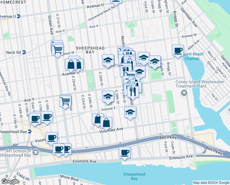 map of restaurants, bars, coffee shops, grocery stores, and more near 2717 Avenue Y in Brooklyn
