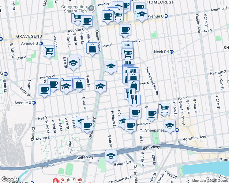 map of restaurants, bars, coffee shops, grocery stores, and more near 607 Avenue X in Brooklyn