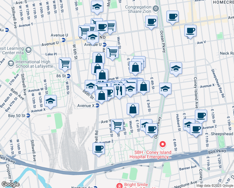 map of restaurants, bars, coffee shops, grocery stores, and more near 2343 West 1st Street in Brooklyn