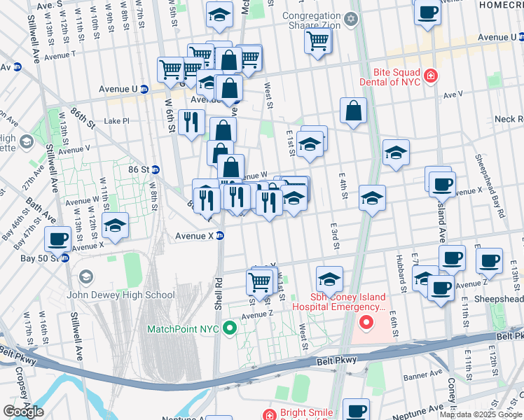 map of restaurants, bars, coffee shops, grocery stores, and more near 2343 West 1st Street in Brooklyn