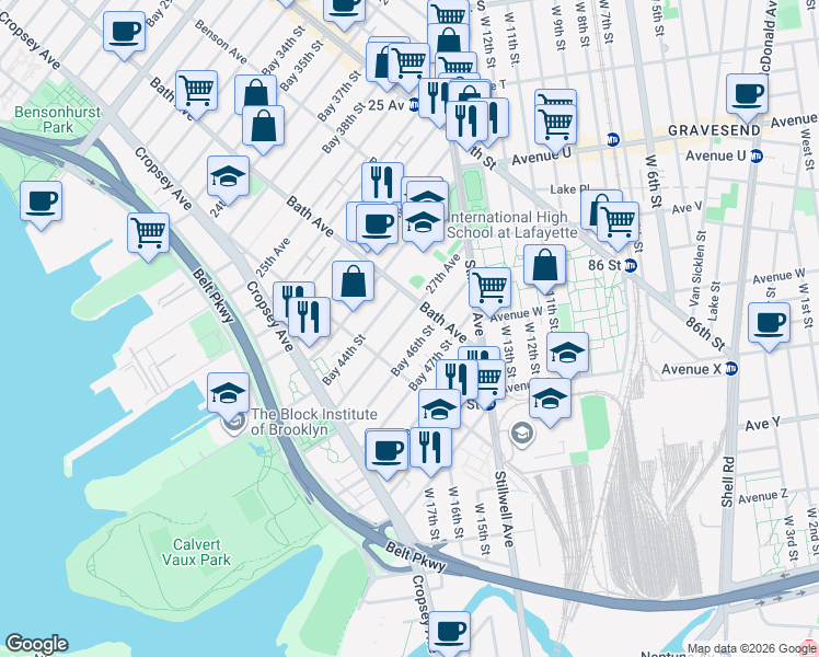 map of restaurants, bars, coffee shops, grocery stores, and more near 129A Bay 44th Street in Brooklyn