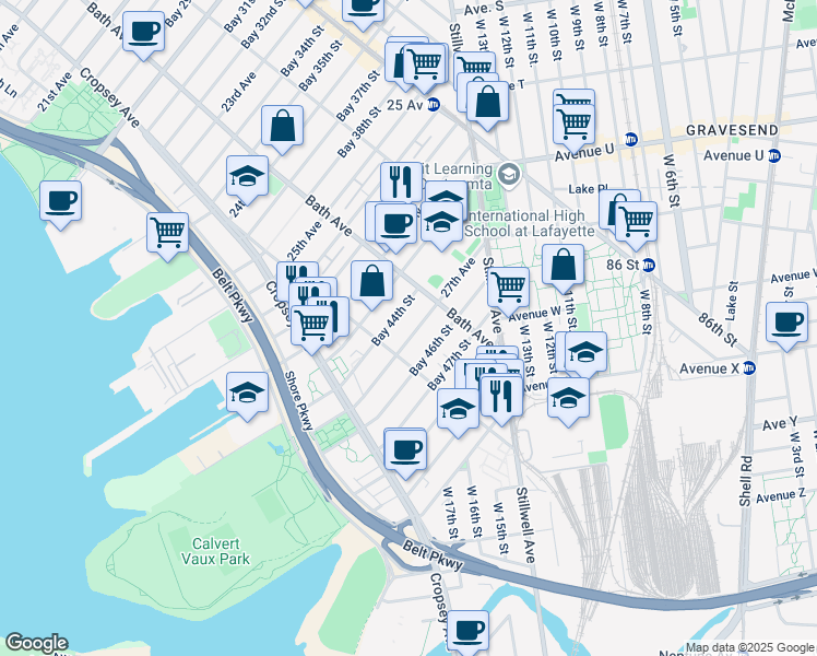 map of restaurants, bars, coffee shops, grocery stores, and more near 129A Bay 44th Street in Brooklyn