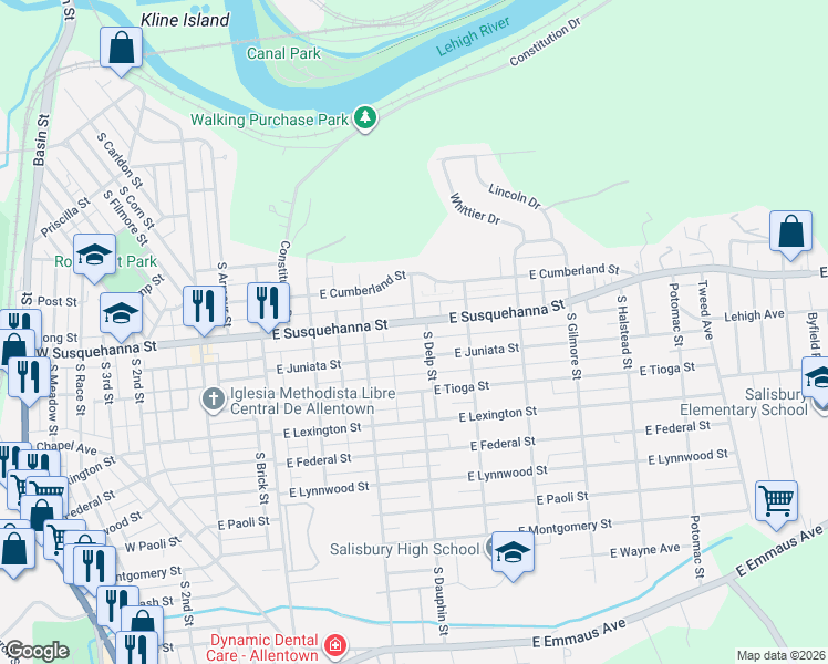 map of restaurants, bars, coffee shops, grocery stores, and more near 335 East Susquehanna Street in Allentown
