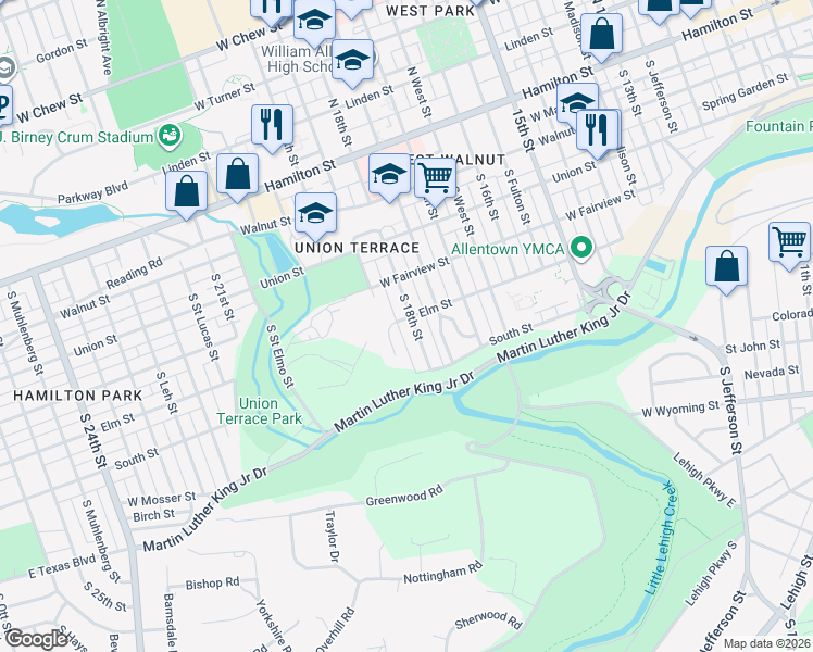 map of restaurants, bars, coffee shops, grocery stores, and more near 331 South 18th Street in Allentown
