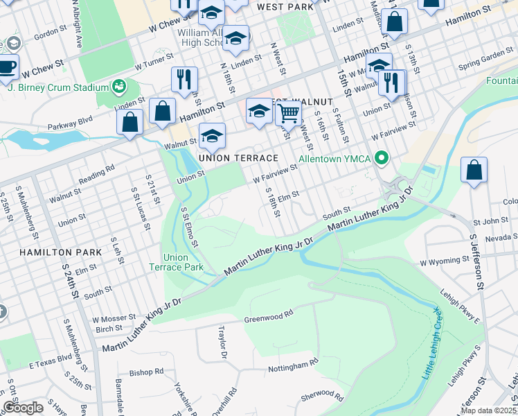 map of restaurants, bars, coffee shops, grocery stores, and more near 1816 West Fairview Street in Allentown
