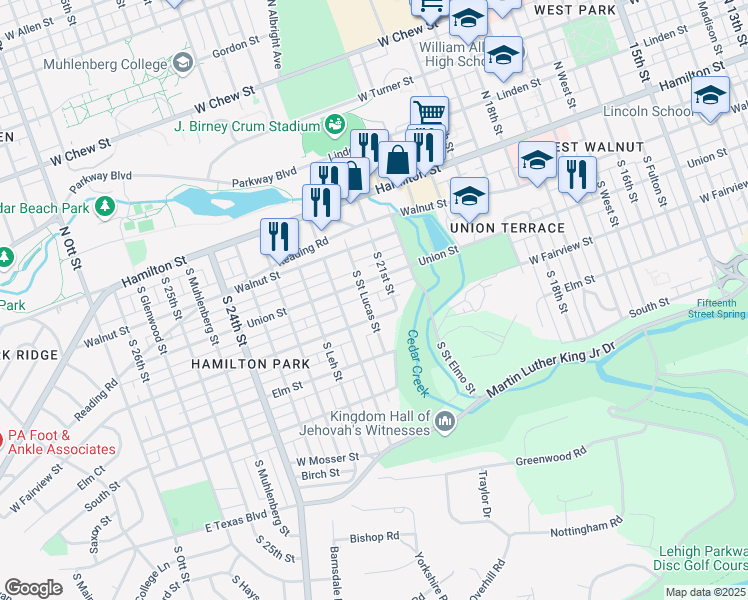 map of restaurants, bars, coffee shops, grocery stores, and more near 2102 Union Street in Allentown