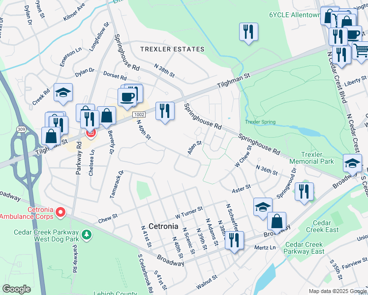 map of restaurants, bars, coffee shops, grocery stores, and more near 3905 Allen St in Allentown