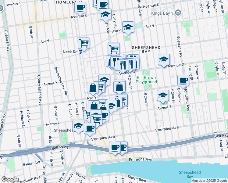 map of restaurants, bars, coffee shops, grocery stores, and more near 2892 Ocean Avenue in Brooklyn