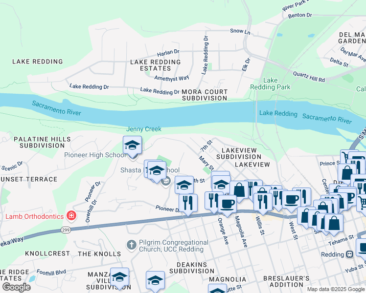 map of restaurants, bars, coffee shops, grocery stores, and more near 590 Mary Street in Redding