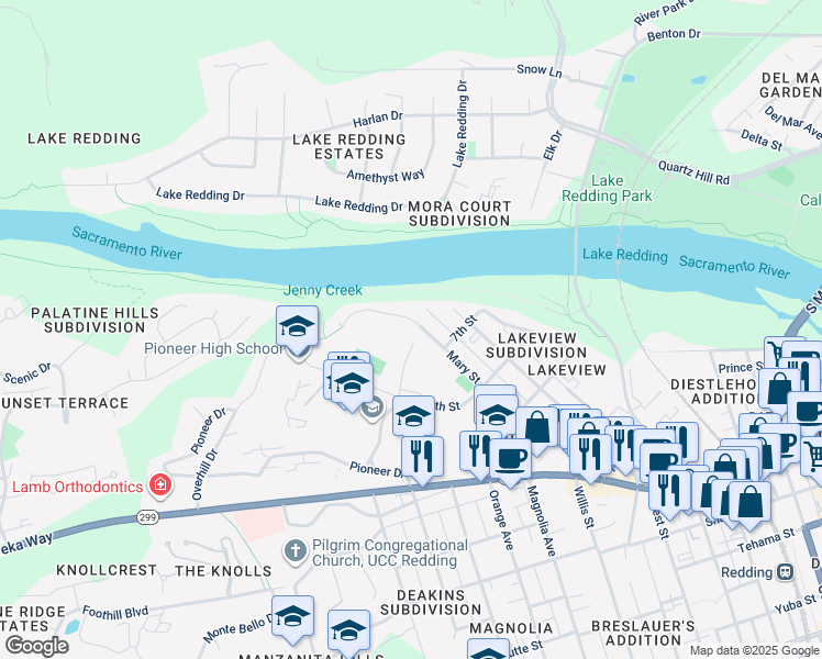 map of restaurants, bars, coffee shops, grocery stores, and more near 590 Mary Street in Redding