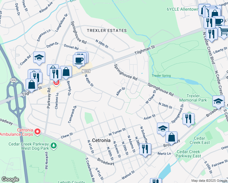 map of restaurants, bars, coffee shops, grocery stores, and more near 3905 Allen St in Allentown