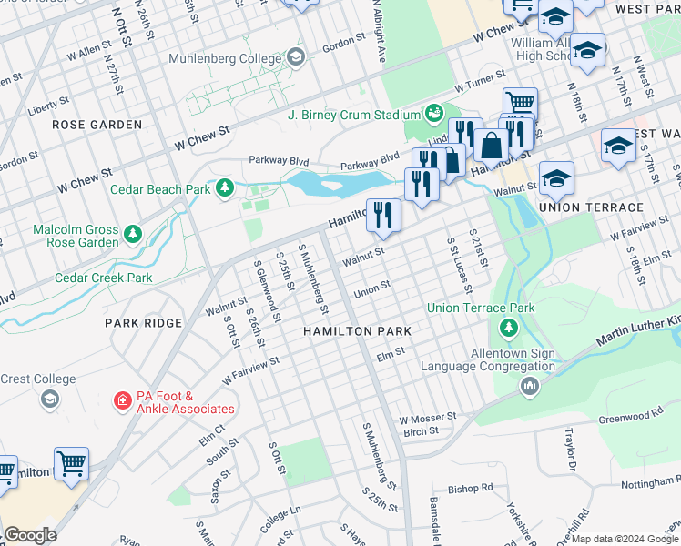 map of restaurants, bars, coffee shops, grocery stores, and more near 2350 Walnut Street in Allentown