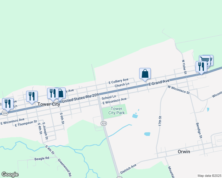 map of restaurants, bars, coffee shops, grocery stores, and more near 1113 East Grand Avenue in Tower City