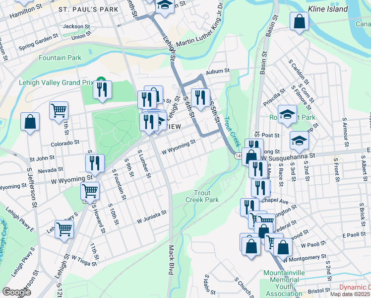 map of restaurants, bars, coffee shops, grocery stores, and more near 922 South 7th Street in Allentown