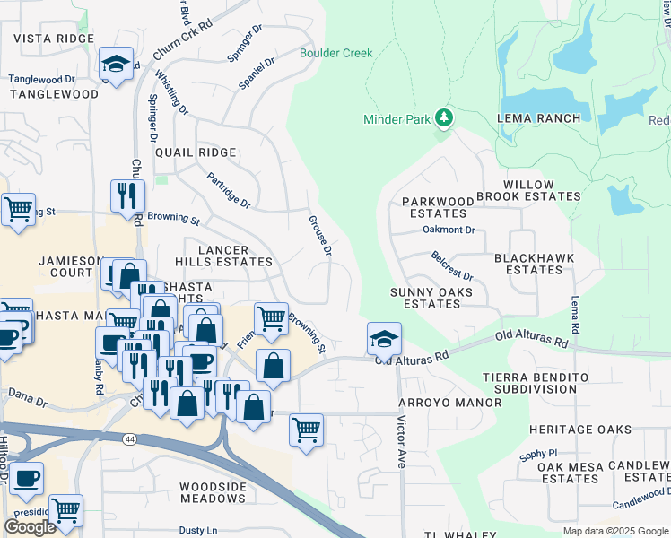 map of restaurants, bars, coffee shops, grocery stores, and more near 785 Mallard Street in Redding