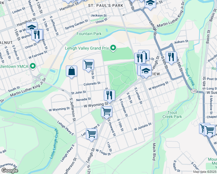 map of restaurants, bars, coffee shops, grocery stores, and more near 847 South 10th Street in Allentown