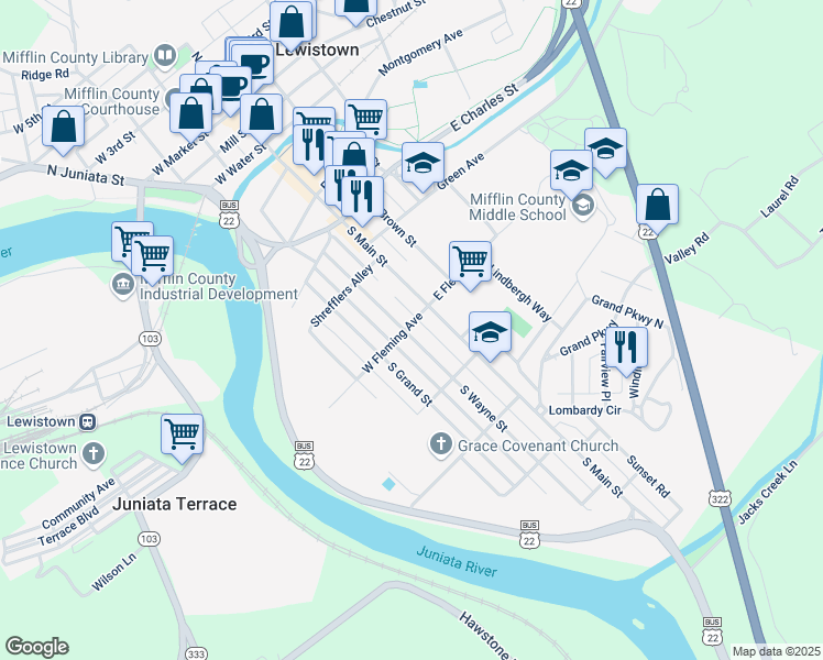 map of restaurants, bars, coffee shops, grocery stores, and more near 501 South Wayne Street in Lewistown