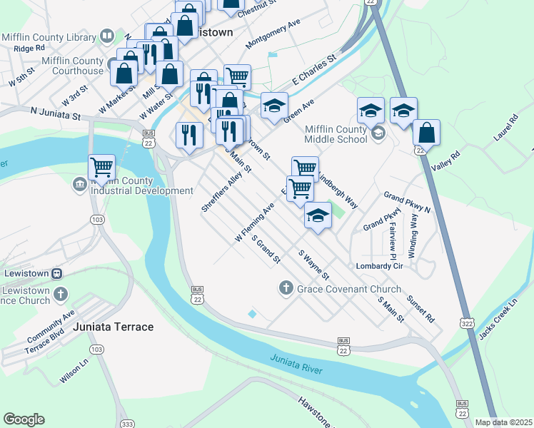map of restaurants, bars, coffee shops, grocery stores, and more near 501 South Wayne Street in Lewistown