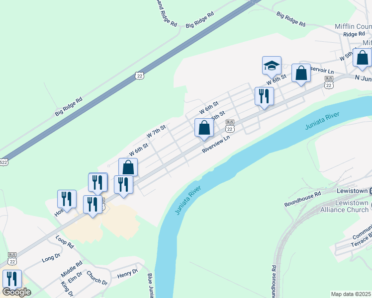 map of restaurants, bars, coffee shops, grocery stores, and more near 921 West 4th Street in Lewistown