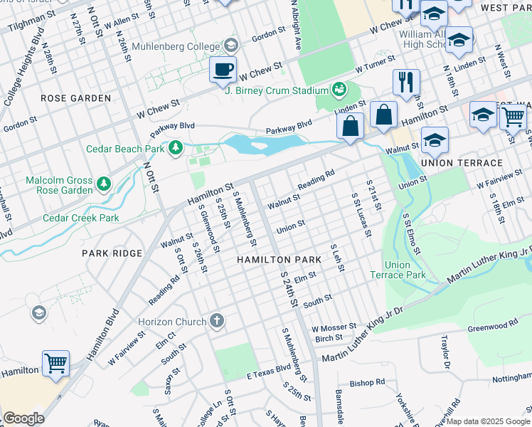 map of restaurants, bars, coffee shops, grocery stores, and more near 2350 Walnut Street in Allentown