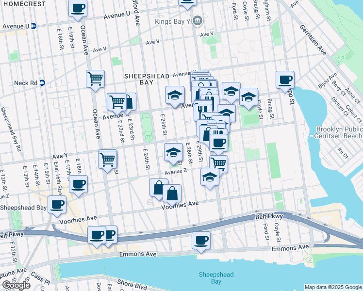 map of restaurants, bars, coffee shops, grocery stores, and more near 2517 East 27th Street in Brooklyn