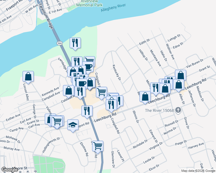 map of restaurants, bars, coffee shops, grocery stores, and more near 180 Craigdell Road in New Kensington