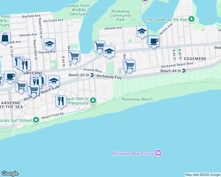 map of restaurants, bars, coffee shops, grocery stores, and more near 141 Beach 56th Place in Queens