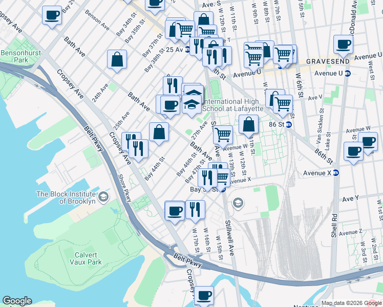 map of restaurants, bars, coffee shops, grocery stores, and more near 78 Bay 46th Street in Brooklyn