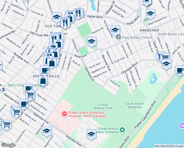map of restaurants, bars, coffee shops, grocery stores, and more near 77 Appleby Avenue in Staten Island