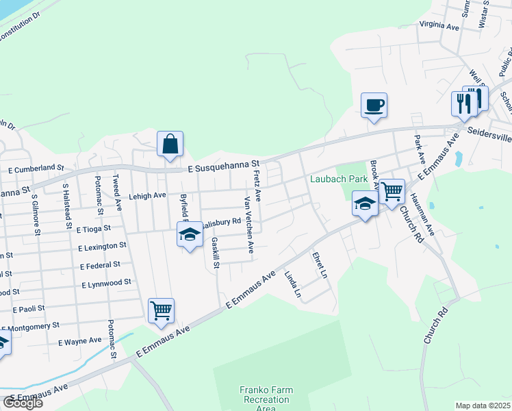 map of restaurants, bars, coffee shops, grocery stores, and more near 1324 Fretz Ave in Allentown