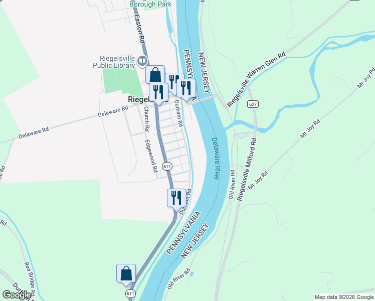 map of restaurants, bars, coffee shops, grocery stores, and more near 1011 Durham Road in Riegelsville