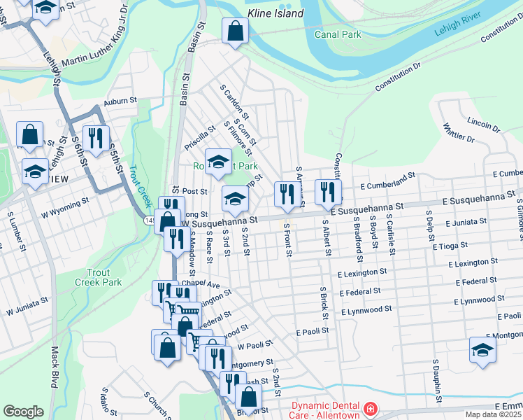 map of restaurants, bars, coffee shops, grocery stores, and more near 132 Donald Street in Allentown