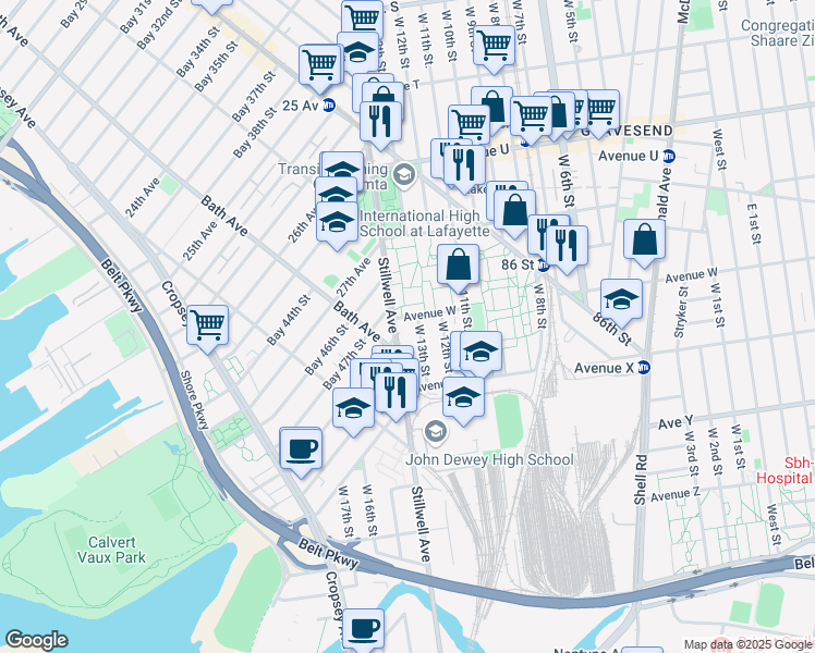 map of restaurants, bars, coffee shops, grocery stores, and more near 17 Avenue W in Brooklyn