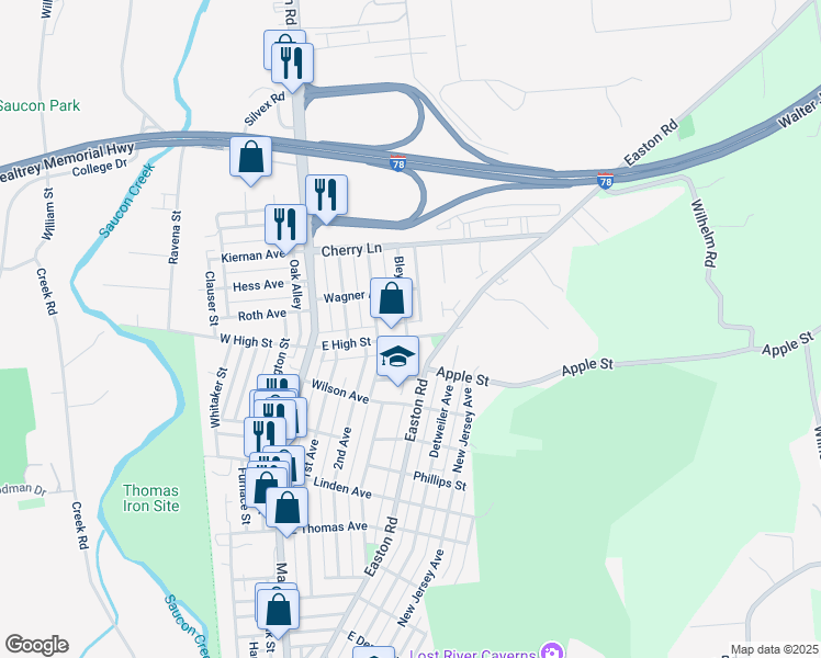 map of restaurants, bars, coffee shops, grocery stores, and more near 303 East High Street in Hellertown