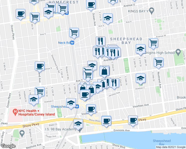map of restaurants, bars, coffee shops, grocery stores, and more near 1801 Avenue Y in Brooklyn
