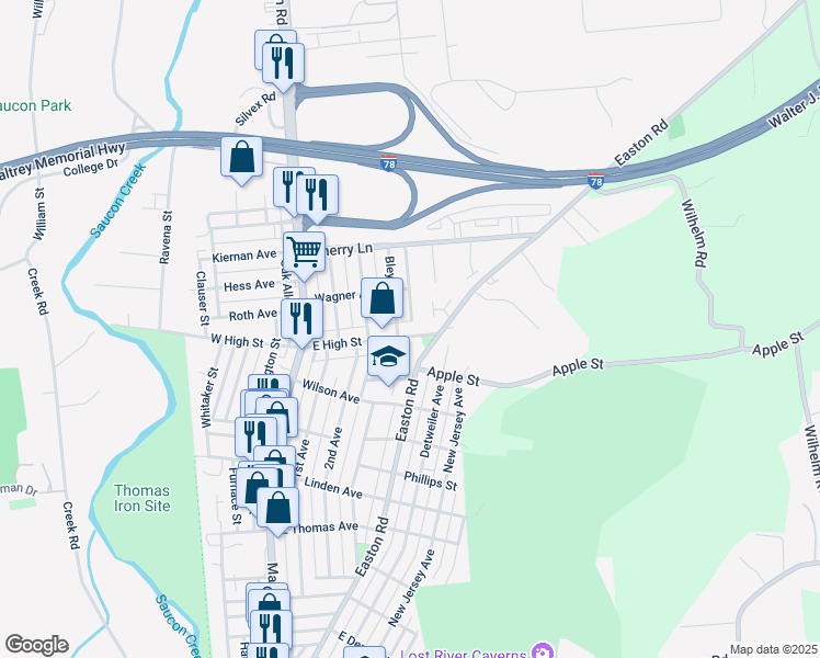 map of restaurants, bars, coffee shops, grocery stores, and more near 1555 Bleyler Street in Hellertown