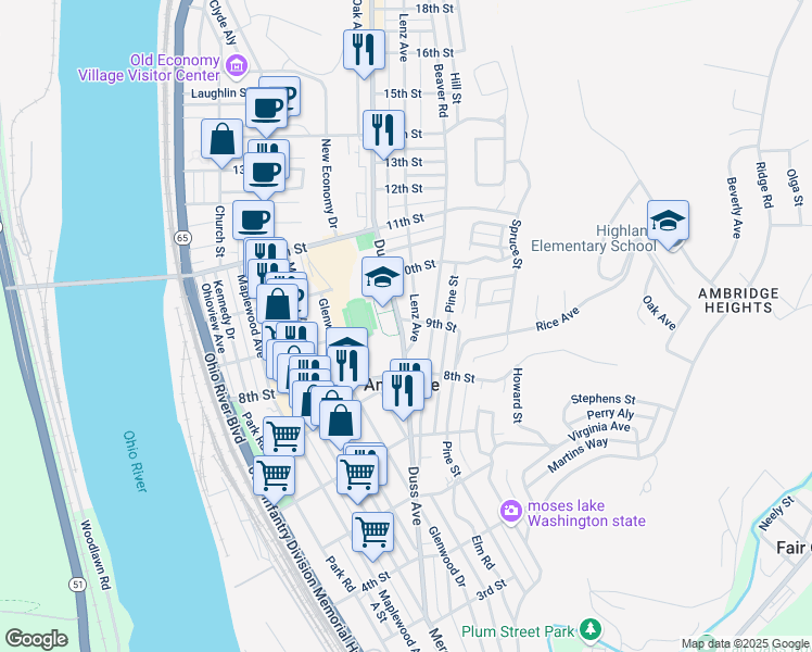 map of restaurants, bars, coffee shops, grocery stores, and more near 907 Lenz Avenue in Ambridge