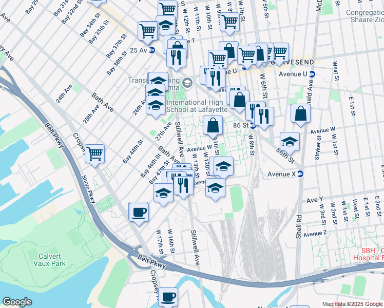 map of restaurants, bars, coffee shops, grocery stores, and more near 10 Avenue W in Brooklyn