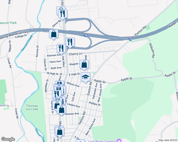 map of restaurants, bars, coffee shops, grocery stores, and more near 305 East High Street in Hellertown