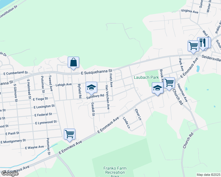 map of restaurants, bars, coffee shops, grocery stores, and more near 1324 Fretz Avenue in Allentown
