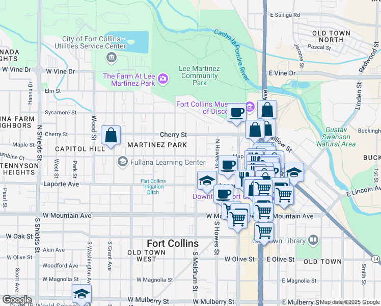 map of restaurants, bars, coffee shops, grocery stores, and more near 412 Maple Street in Fort Collins