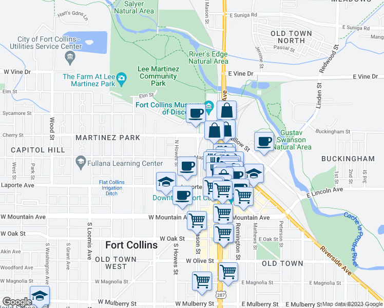 map of restaurants, bars, coffee shops, grocery stores, and more near 209 Cherry Lane in Fort Collins