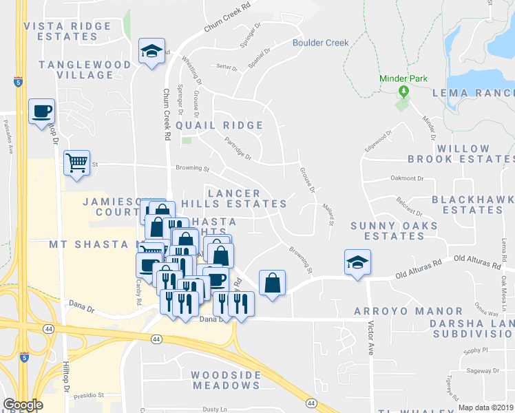 map of restaurants, bars, coffee shops, grocery stores, and more near 1018 Burton Drive in Redding