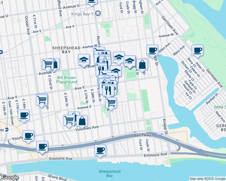 map of restaurants, bars, coffee shops, grocery stores, and more near 3785 Nostrand Avenue in Brooklyn
