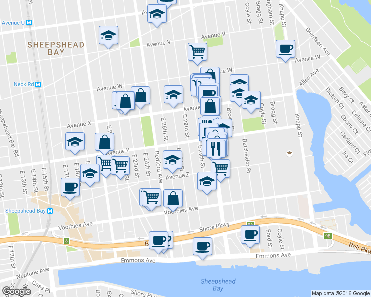 map of restaurants, bars, coffee shops, grocery stores, and more near 2717 Avenue Y in Brooklyn