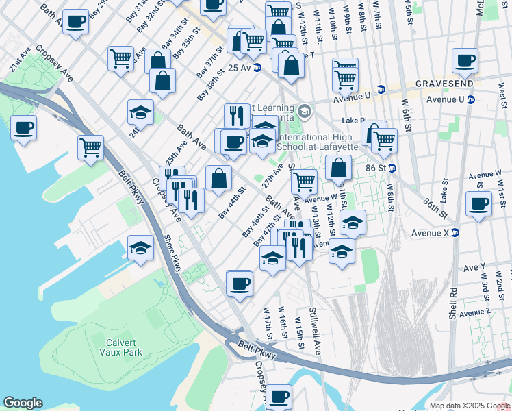 map of restaurants, bars, coffee shops, grocery stores, and more near 129A Bay 44th Street in Brooklyn